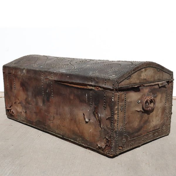 Portuguese Baroque Leather Brass Studded Iron Mounted Dome-Top Coffer Trunk