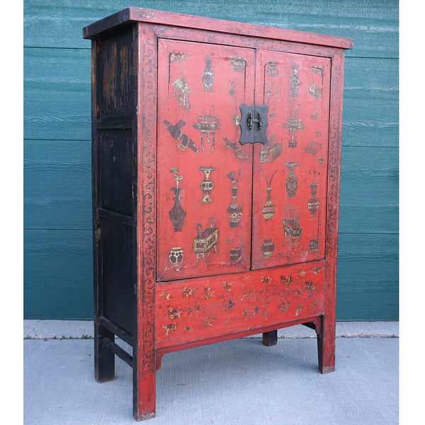 Chinese Red Lacquered Wood Kang Cabinet