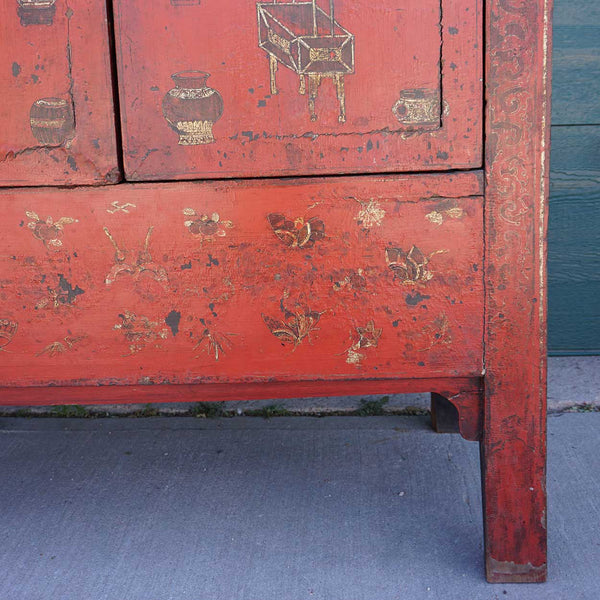 Chinese Red Lacquered Wood Kang Cabinet