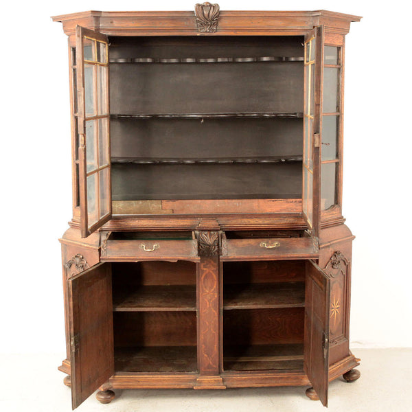 Dutch Baroque Inlaid Oak and Glass Display Cabinet