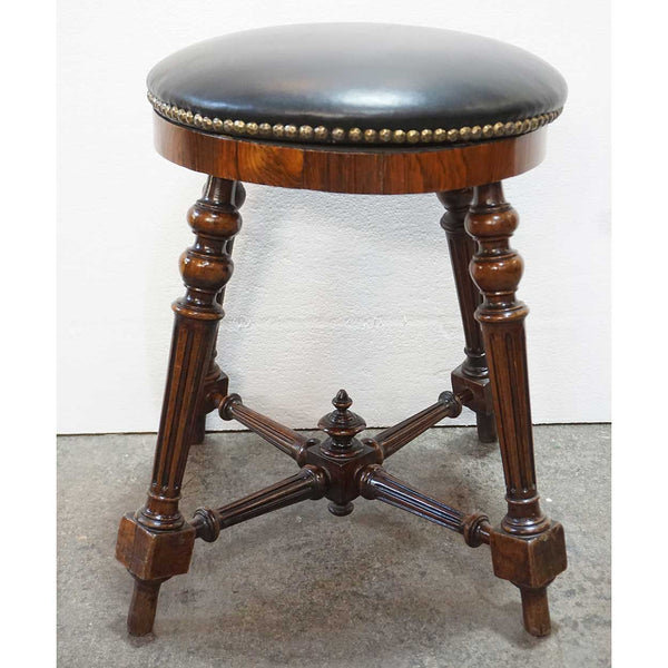 French Rosewood and Black Nailhead Leather Round Piano Stool