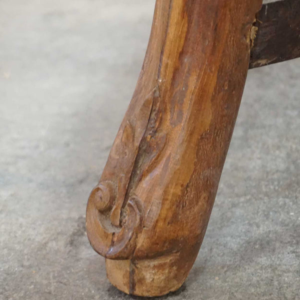 Indo-Portuguese Baroque Carved Caned Teak Stool