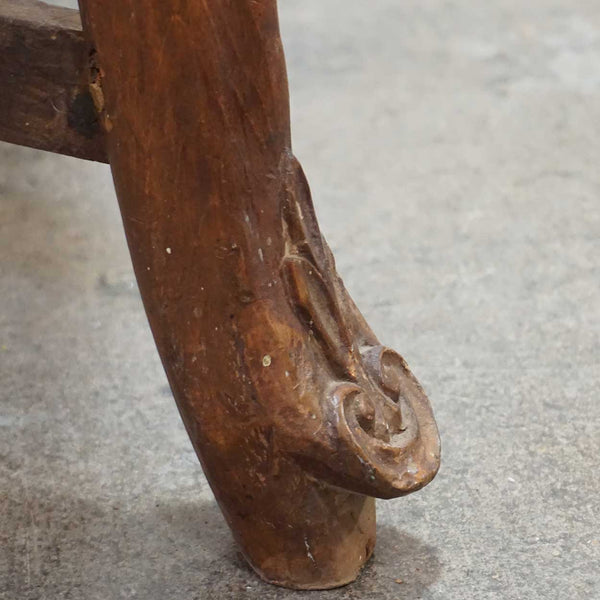 Indo-Portuguese Baroque Carved Caned Teak Stool