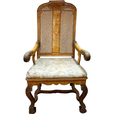 Scandinavian Regence Caned Walnut Upholstered Seat Open Armchair