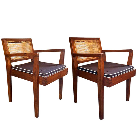 Assembled Set of Two Vintage PIERRE JEANNERET Caned Teak Armchairs from Chandigarh, India