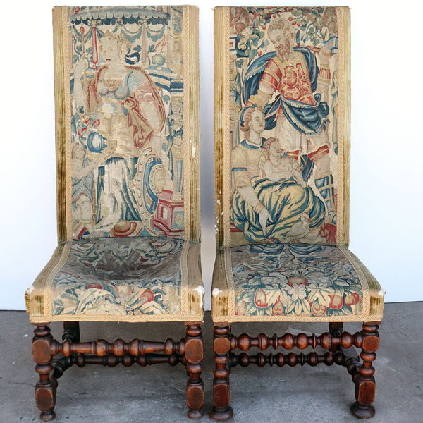 Two English Jacobean Walnut and Flemish Tapestry Upholstered Hall Chairs