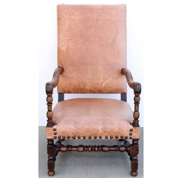 French Louis XIV Baroque Walnut Leather Upholstered Armchair