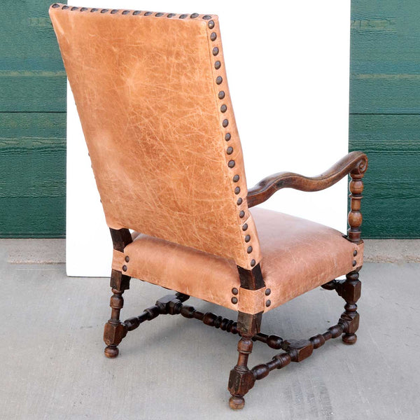 French Louis XIV Baroque Walnut Leather Upholstered Armchair