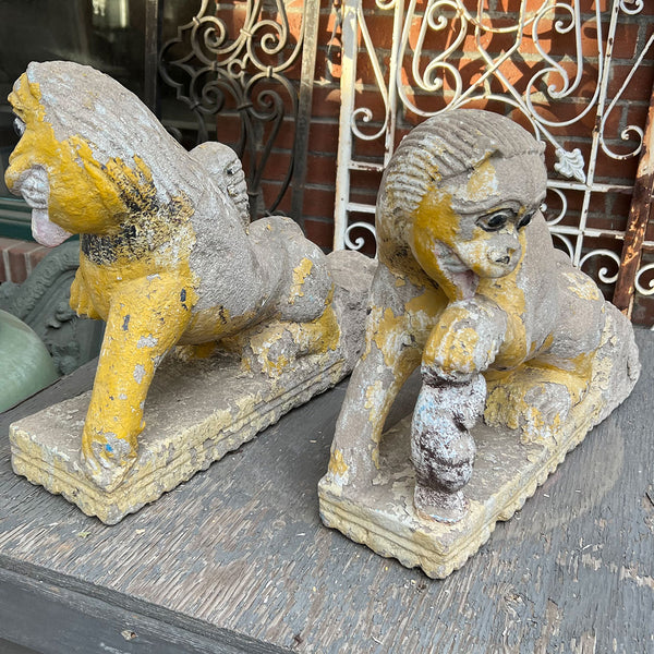 Pair of Northern Indian Painted Limestone Lion Architectural Brackets