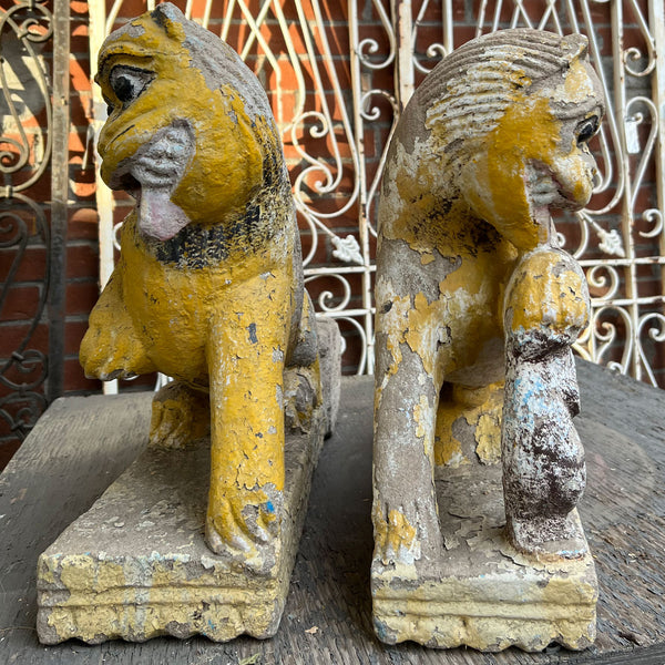 Pair of Northern Indian Painted Limestone Lion Architectural Brackets