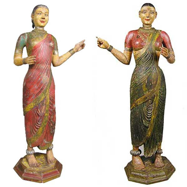 Pair of Large Indian Painted Teak Female Temple Attendants