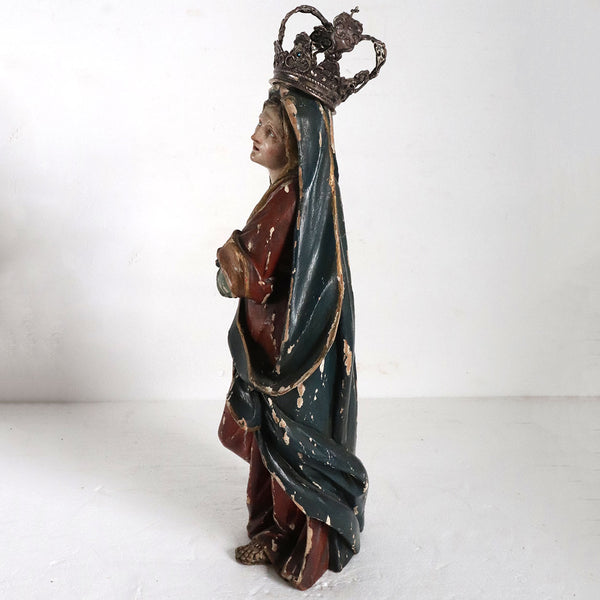 French Painted Wood, Silver and Sapphire Crowned Madonna Figure