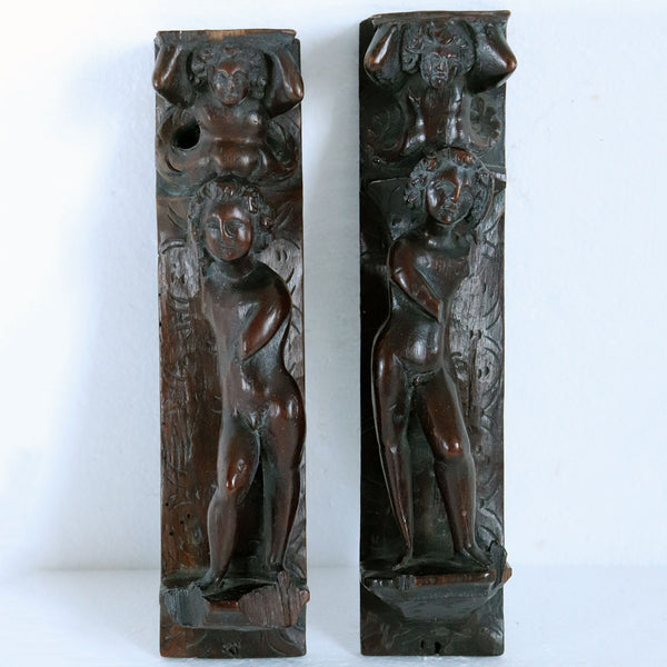 Pair of Italian Baroque Walnut Figural Furniture Bracket Carvings