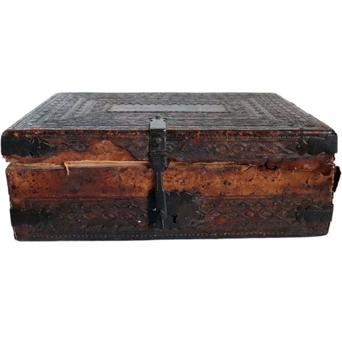 Spanish Baroque Tooled Leather and Iron Mounted Pine Desk / Document Box
