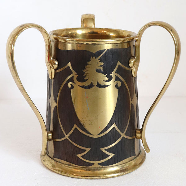 German Art Nouveau Erhard & Sohne Brass and Oak Intarsia Loving Cup