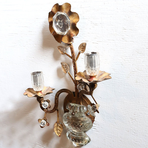 Pair French Maison Bagues Gilt Iron and Crystal Flower-Form Two-Light Sconces