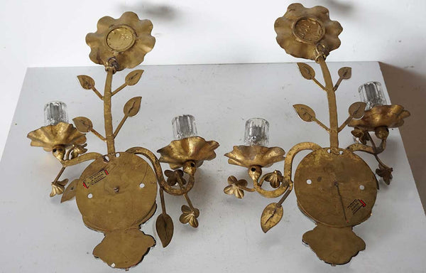 Pair French Maison Bagues Gilt Iron and Crystal Flower-Form Two-Light Sconces