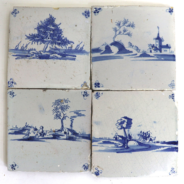 Set of Four Dutch Delft Blue and White Pottery Square Landscape Tiles