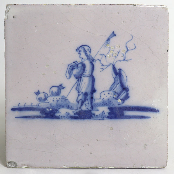Set of Eight Dutch Delft Blue and White Pottery Square Figural Shepherd Tiles