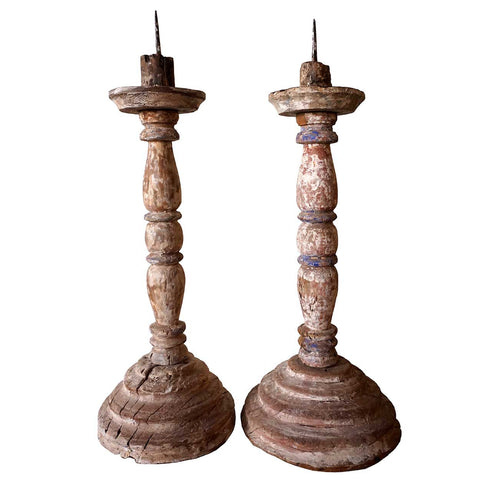 Near Pair of Large Indo-Portuguese Painted Teak Pricket Candlesticks