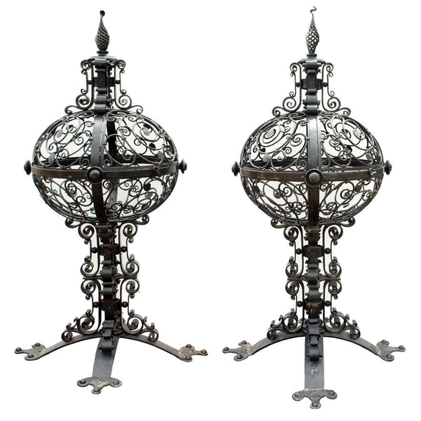 Pair of Large American Wrought Iron Gate Post Finials/Lanterns