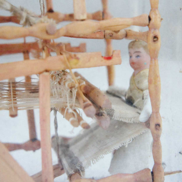 Rare Danish Folk Art Whimsey Bottle with Miniature Loom and Dolls