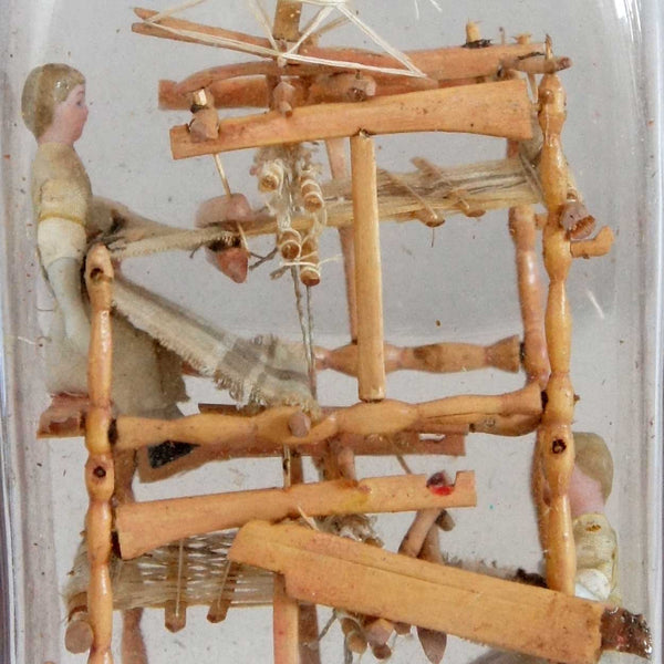 Rare Danish Folk Art Whimsey Bottle with Miniature Loom and Dolls