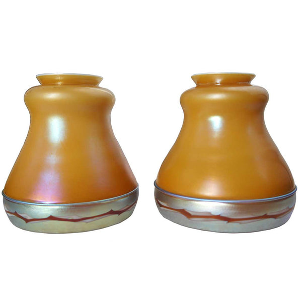 Rare Pair of American Steuben Intarsia Applied Border Glass Lamp Shades