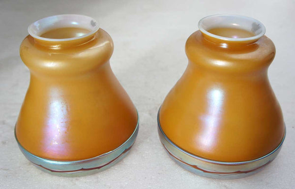 Rare Pair of American Steuben Intarsia Applied Border Glass Lamp Shades