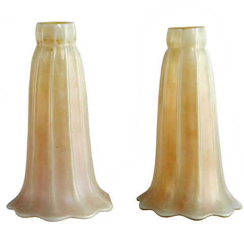 Pair of American Art Nouveau White and Gold Ribbed Lily Glass Lamp Shades