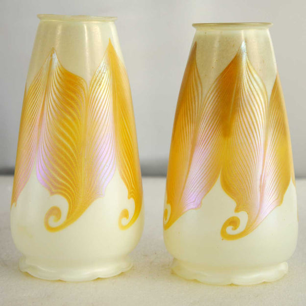 Pair of American Quezal Glass Gold Hooked Feather Candle Shades