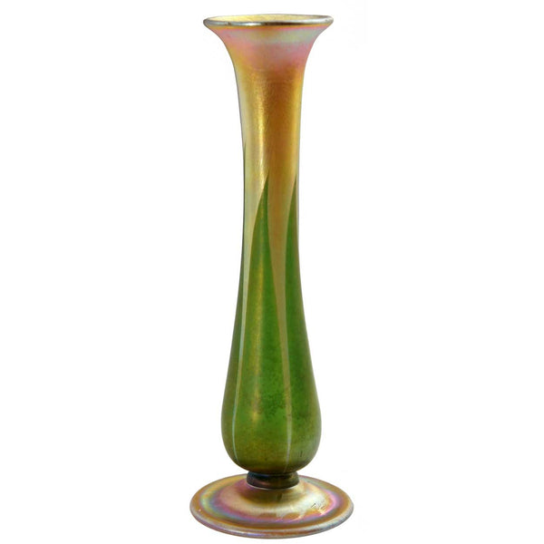 American Tiffany Studios Favrile Glass Gold and Green Feather Vase