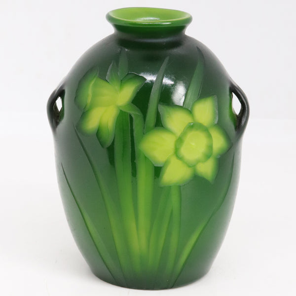 American Tiffany Studios Carved Favrile Glass Green Daffodil Cabinet Vase