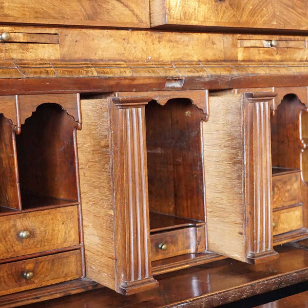 English George II Burl Walnut and Oak Bureau Bookcase Desk