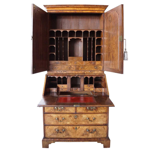 English George II Burl Walnut and Oak Bureau Bookcase Desk