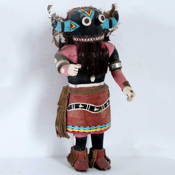 Native American Hopi Painted Wood and Mixed Media Hu Whipper Kachina Doll