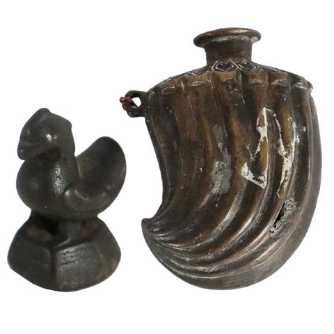 Burmese Patinated Bronze Bird Form Opium Weight and Indian Flask Bottle
