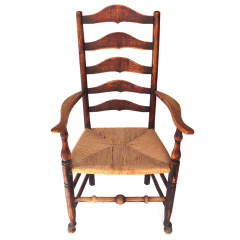 English Georgian Oak Ladderback Twisted Paper Cord Seat Armchair