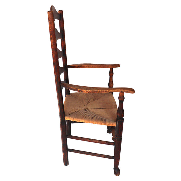 English Georgian Oak Ladderback Twisted Paper Cord Seat Armchair