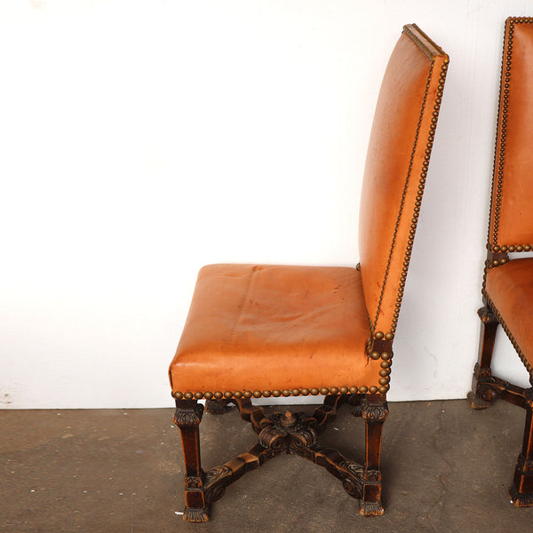 Set of Four French Renaissance Revival Leather Dining Side Chairs