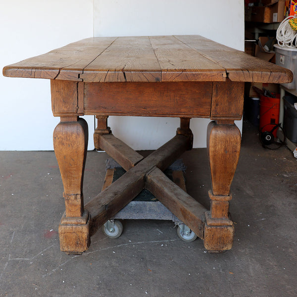 Large Danish Baroque Scrubbed Oak Plank-Top Work Table