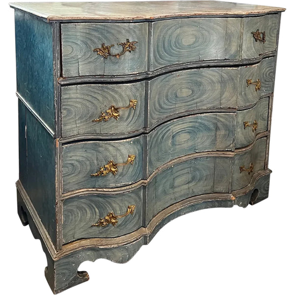 Swedish Baroque Oak Blue Painted Faux-Grain Two-Part Chest of Drawers