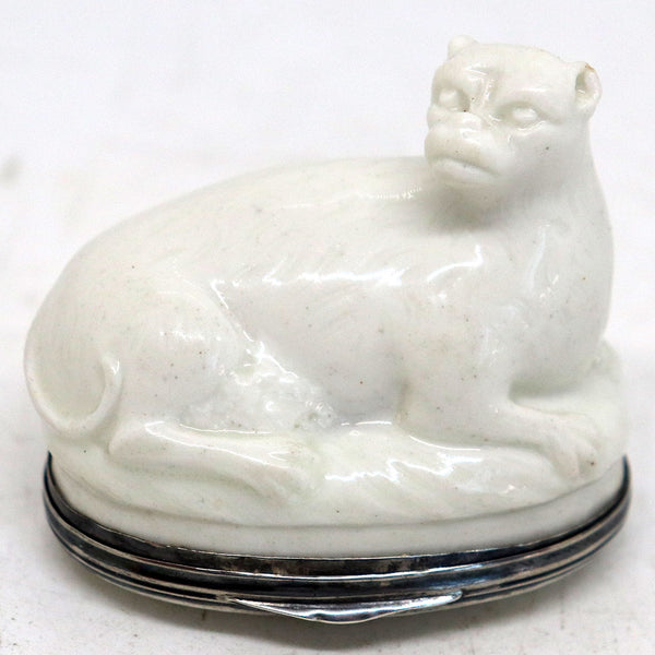 French Mennecy Silver Mounted Soft Paste Porcelain Pug Dog Snuff Box