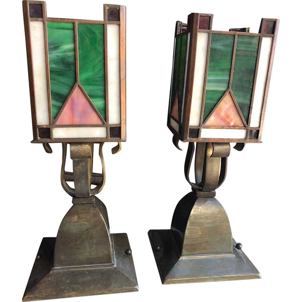 Pair of American Arts and Crafts Brass and Leaded Glass One-Light Table Lamps