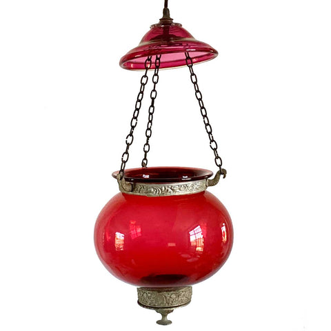 Small English Cranberry Glass Globe Hanging Hall Lantern / Pendant Light