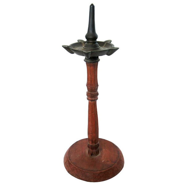 South Indian Brass and Painted Teak Nilavilakku Oil Lamp