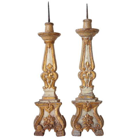 Pair of Indo-Portuguese Painted and Gilt Teak Pricket Candlesticks