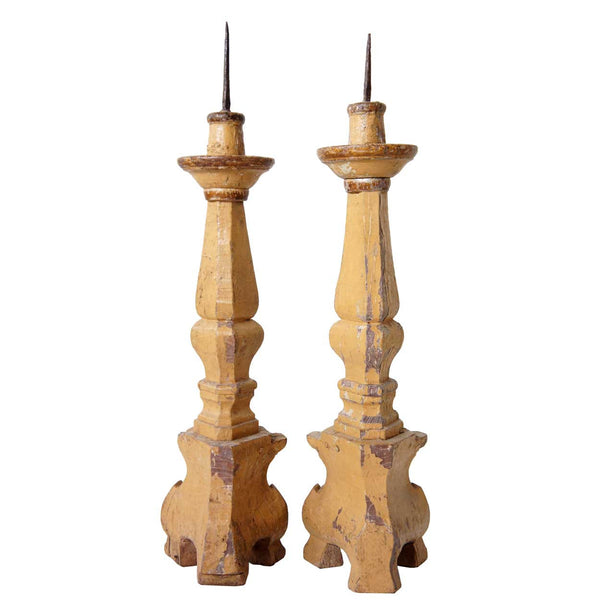 Pair of Indo-Portuguese Painted and Gilt Teak Pricket Candlesticks