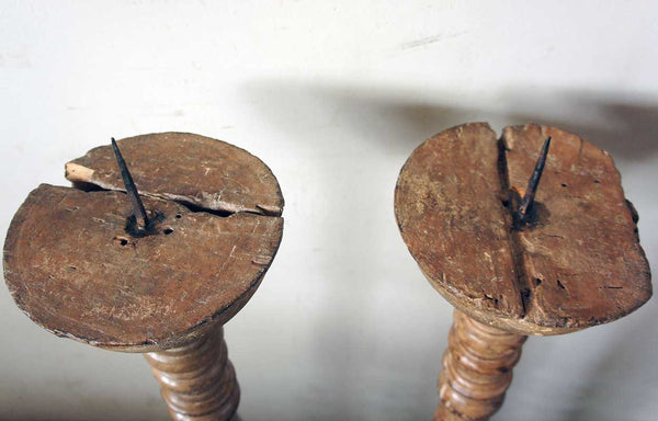 Pair of Large Indo-Portuguese Goan Teak and Iron Pricket Candlesticks