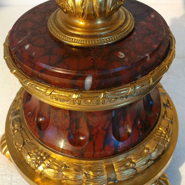 French Empire Style Rouge Royale Marble and Gilt Bronze Three-Light Candelabrum Table Lamp